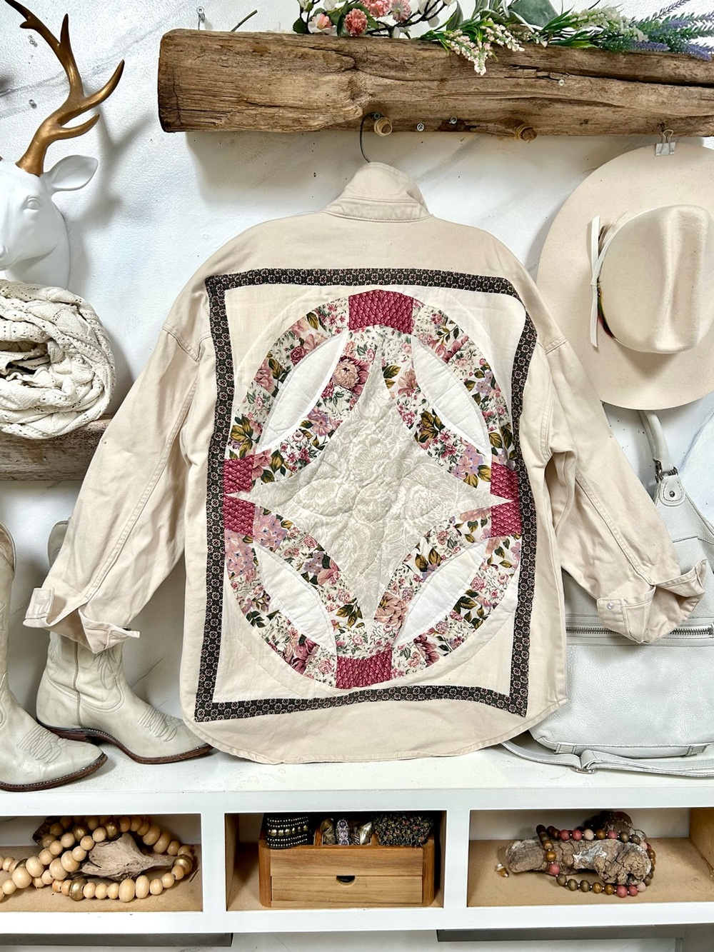 Upcycled Quilt-Back Cream Women’s cream denim Jacket with Floral Patchwork